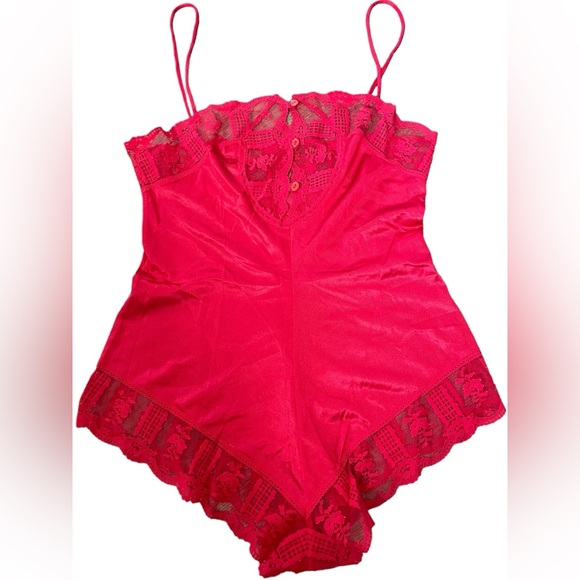 Formfit Vintage 70s Red Sheer Romantic Lace Button Up Lingerie Romper Teddie - Picture 2 of 11